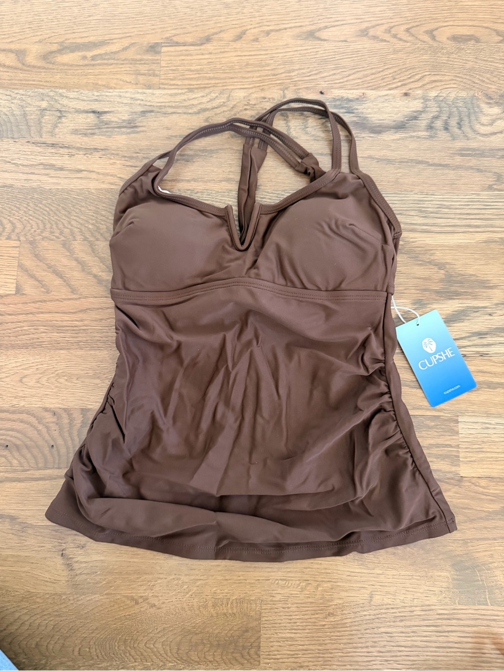 Cupshe Brown V-Neck One-Piece Swim Tank with Built-In Cups